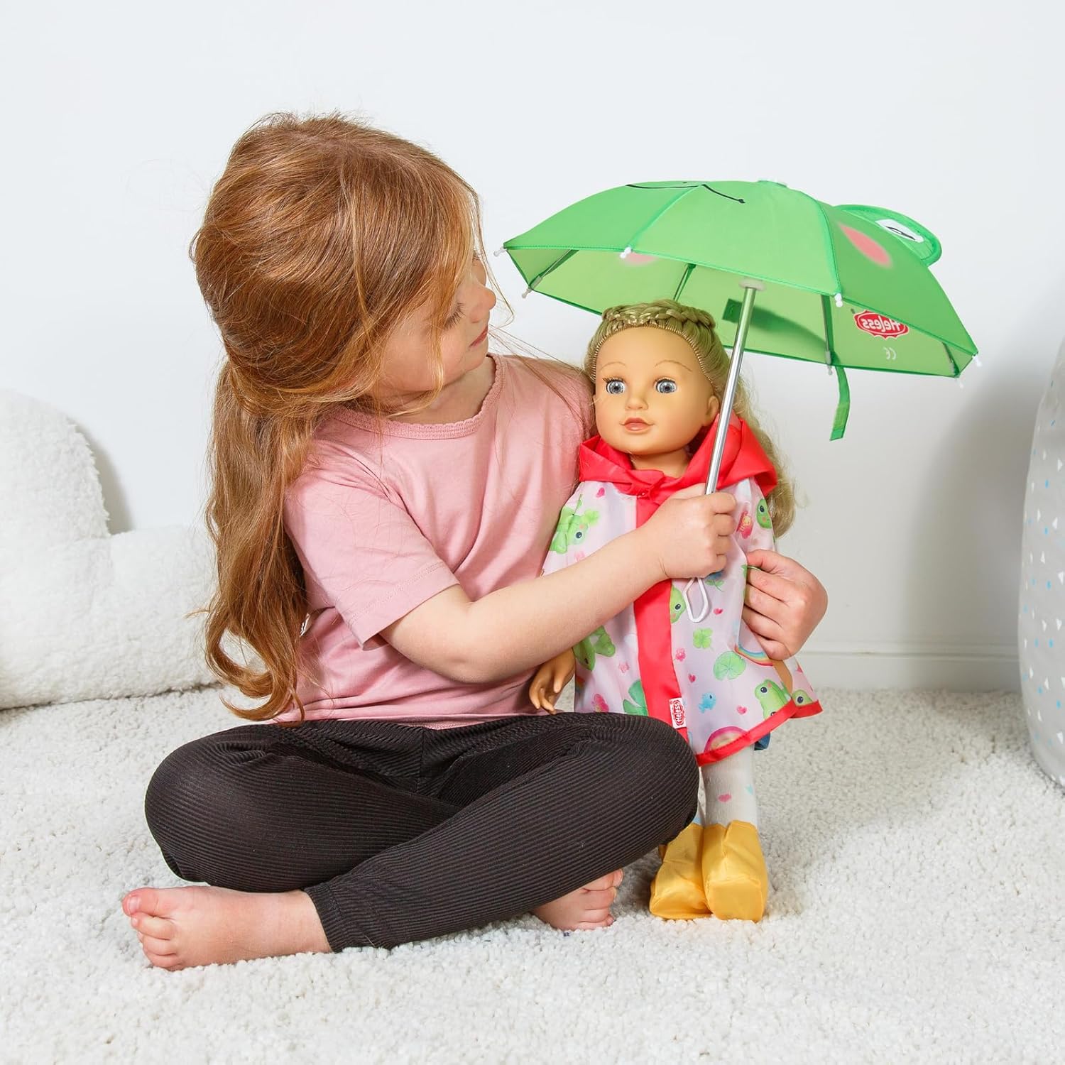 Heless 6721 poppenregenset kikker Carlo met paraplu, regencape en laarsjes, voor poppen van 28-35 cm