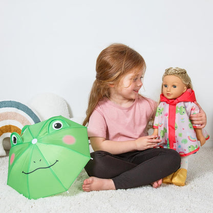 Heless 6721 poppenregenset kikker Carlo met paraplu, regencape en laarsjes, voor poppen van 28-35 cm