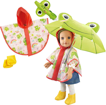 Heless 672 poppenregenset kikker Carlo met paraplu, regencape en laarsjes, voor poppen van 35-45 cm