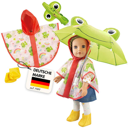 Heless 672 poppenregenset kikker Carlo met paraplu, regencape en laarsjes, voor poppen van 35-45 cm