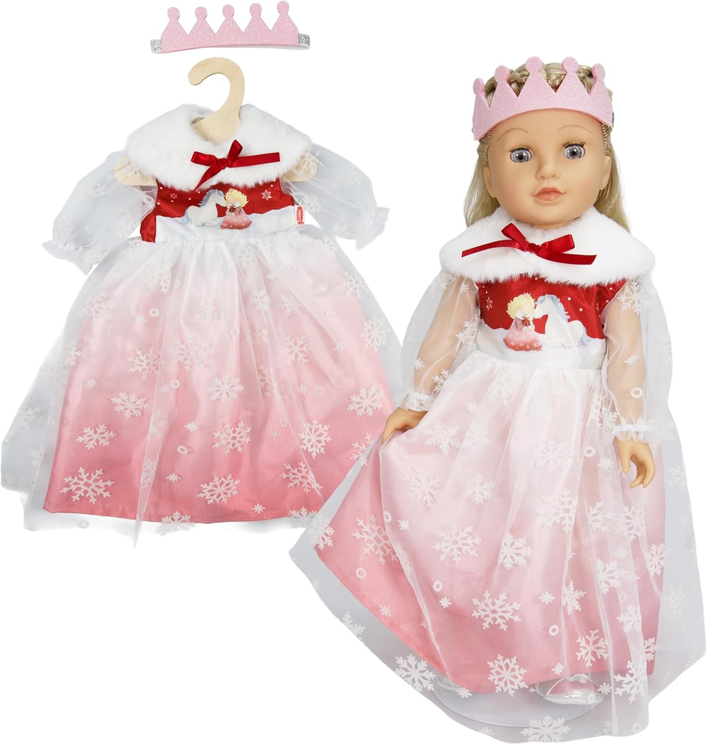 Heless 1680 - Poppenjurk "Winter Princess Lumi" in wit en roze, met kroon en pluche cape, voor poppenmaat 28-35 cm