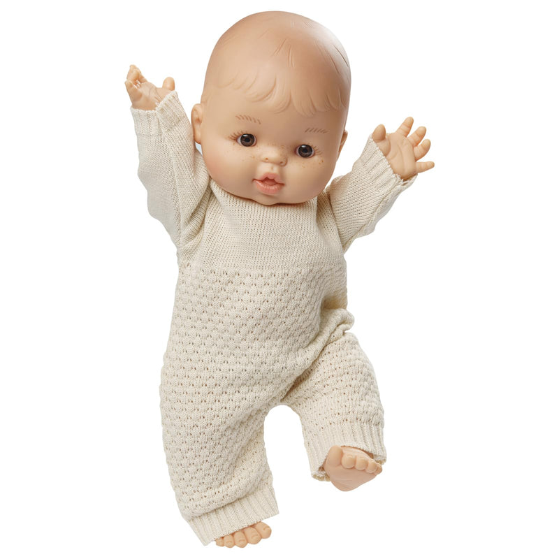Heless 54034 - Poppenset met Gordi meisje pop en een organisch gebreid rompertje in beige, maat ca. 34 cm