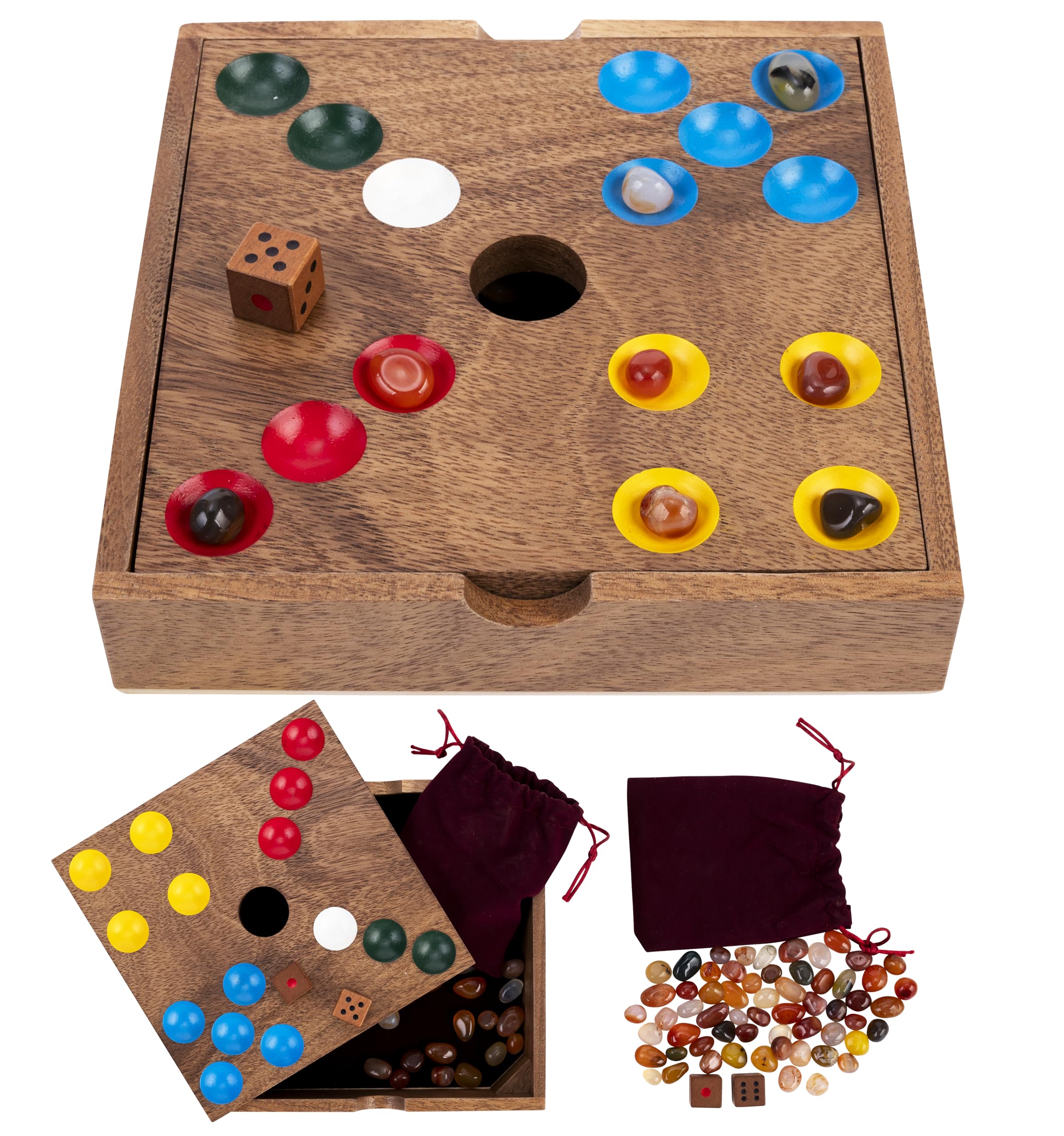 Engelhart-350443 – Edelstenen Spel/Varkensspel – Strategisch Competitief Bordspel – Luxe Noot Houten Kist 18,3 × 18,3 × 4 cm – 60 Halfedelstenen + Dobbelstenen & Zak – Familie Spel