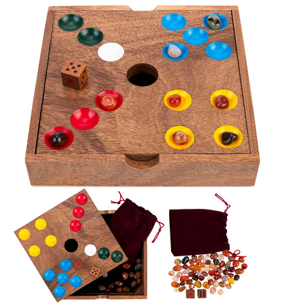 Engelhart-350443 – Edelstenen Spel/Varkensspel – Strategisch Competitief Bordspel – Luxe Noot Houten Kist 18,3 × 18,3 × 4 cm – 60 Halfedelstenen + Dobbelstenen & Zak – Familie Spel