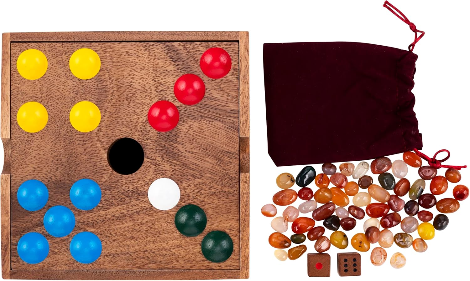 Engelhart-350443 – Edelstenen Spel/Varkensspel – Strategisch Competitief Bordspel – Luxe Noot Houten Kist 18,3 × 18,3 × 4 cm – 60 Halfedelstenen + Dobbelstenen & Zak – Familie Spel