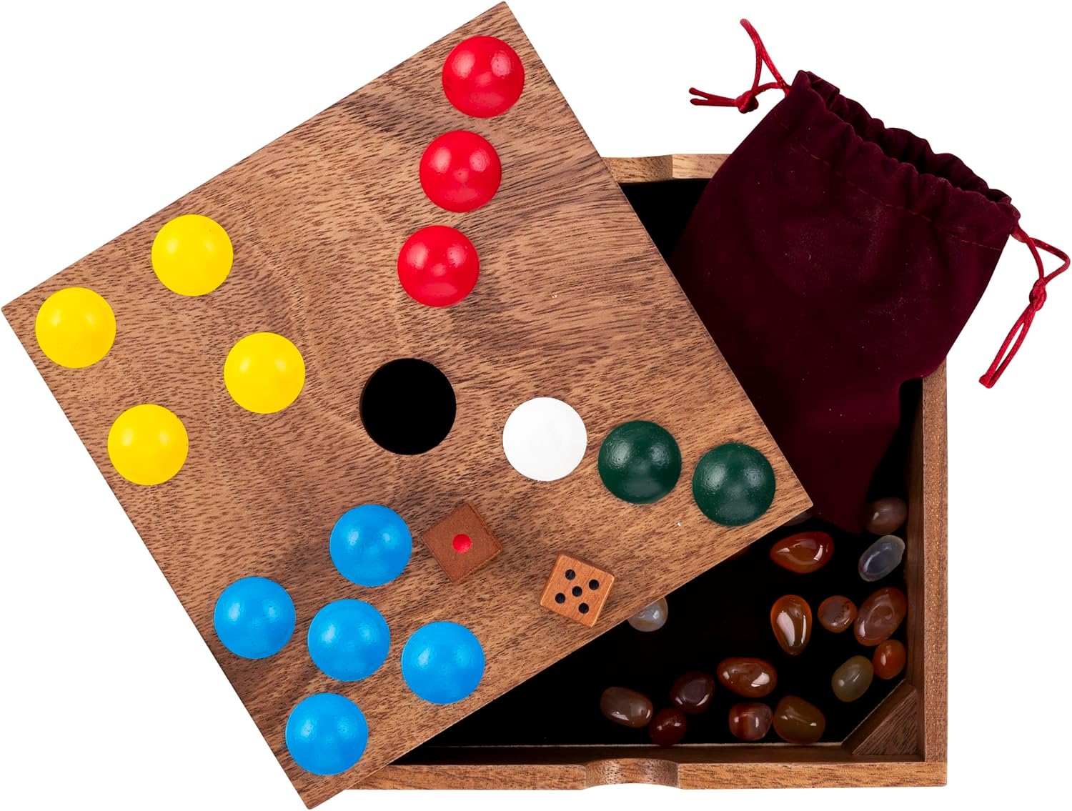Engelhart-350443 – Edelstenen Spel/Varkensspel – Strategisch Competitief Bordspel – Luxe Noot Houten Kist 18,3 × 18,3 × 4 cm – 60 Halfedelstenen + Dobbelstenen & Zak – Familie Spel