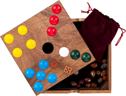 Engelhart-350443 – Edelstenen Spel/Varkensspel – Strategisch Competitief Bordspel – Luxe Noot Houten Kist 18,3 × 18,3 × 4 cm – 60 Halfedelstenen + Dobbelstenen & Zak – Familie Spel