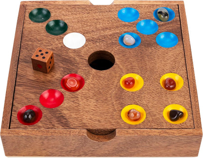 Engelhart-350443 – Edelstenen Spel/Varkensspel – Strategisch Competitief Bordspel – Luxe Noot Houten Kist 18,3 × 18,3 × 4 cm – 60 Halfedelstenen + Dobbelstenen & Zak – Familie Spel