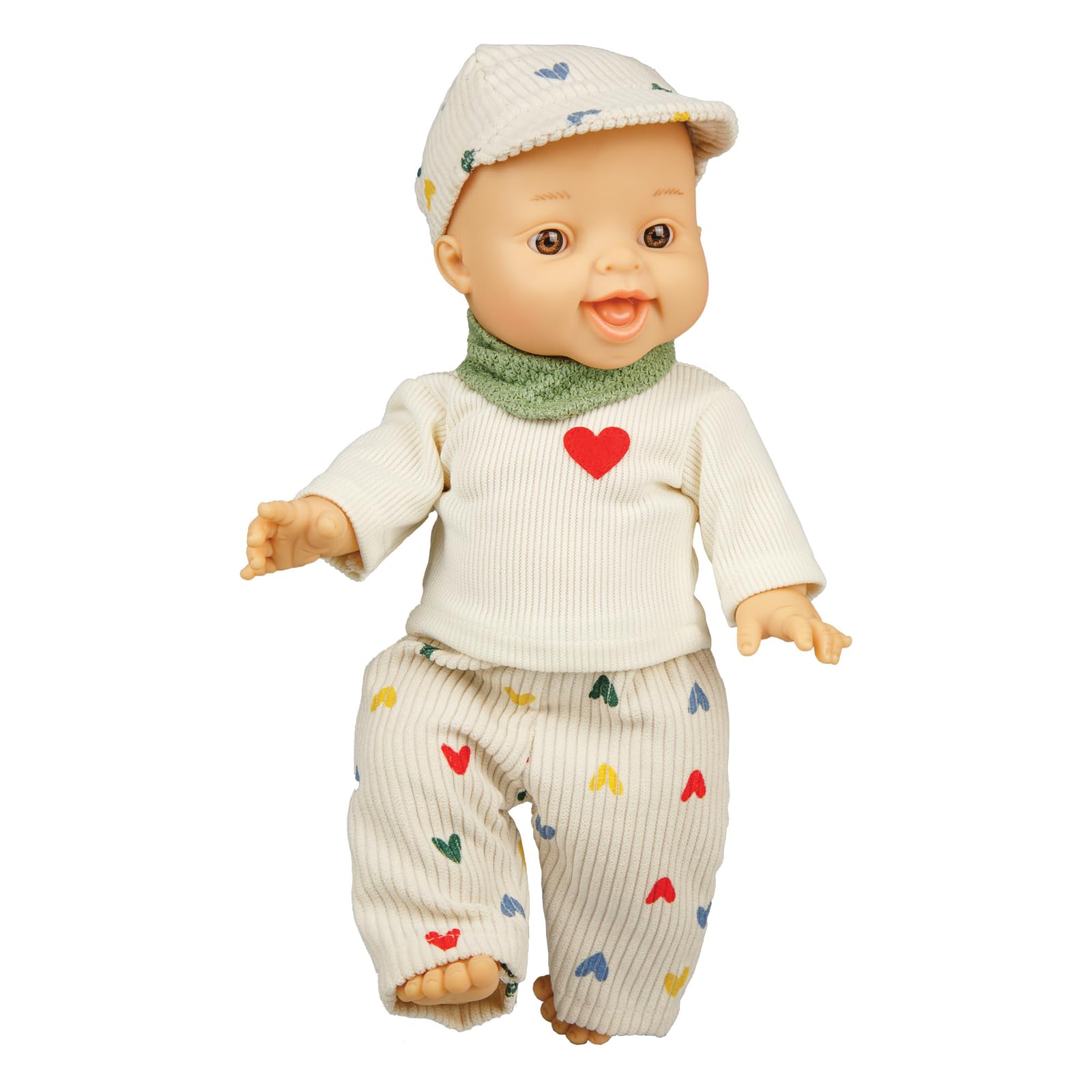 Heless 54036 - Poppenset met Gordi jongenspop en outfit met corduroy broek hart confetti, shirt en groene sjaal, maat ca. 34 cm
