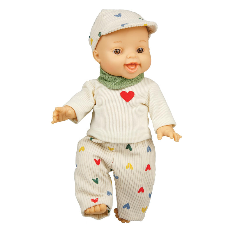 Heless 54036 - Poppenset met Gordi jongenspop en outfit met corduroy broek hart confetti, shirt en groene sjaal, maat ca. 34 cm