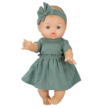 Heless 54022 - Meisjes babypop met mousseline jurk in saliegroen en bijpassende haarband, 100 procent biologisch katoen, poppenmaat 34 cm
