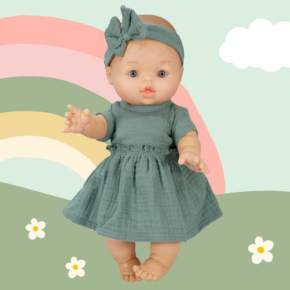 Heless 54022 - Meisjes babypop met mousseline jurk in saliegroen en bijpassende haarband, 100 procent biologisch katoen, poppenmaat 34 cm