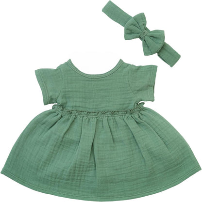 Heless 54022 - Meisjes babypop met mousseline jurk in saliegroen en bijpassende haarband, 100 procent biologisch katoen, poppenmaat 34 cm