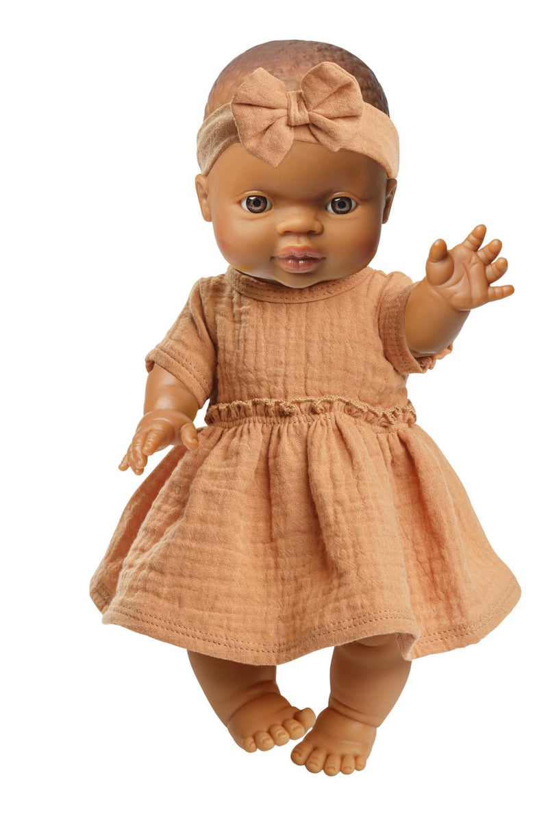 Heless 54024 - Meisjes babypop met mousseline jurk in karamel, gemaakt van 100 procent biologisch katoen, poppenmaat 34 cm