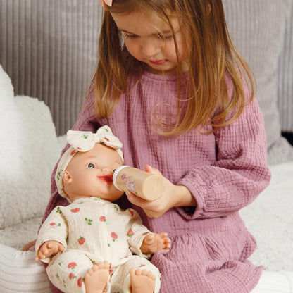 Heless 685 poppenbabyset schaap van hout, 3-delige set in houtkleuren, met flesjes, fopspeen en rammelaar