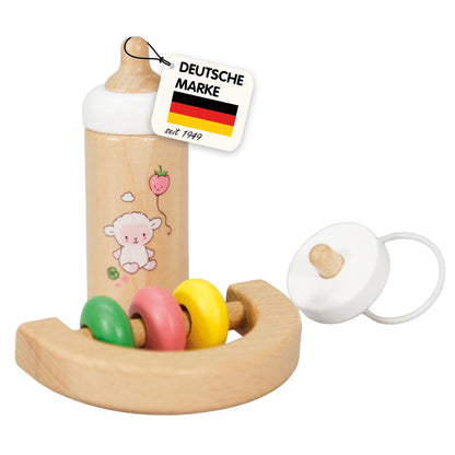 Heless 685 poppenbabyset schaap van hout, 3-delige set in houtkleuren, met flesjes, fopspeen en rammelaar