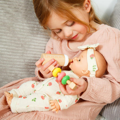 Heless 685 poppenbabyset schaap van hout, 3-delige set in houtkleuren, met flesjes, fopspeen en rammelaar