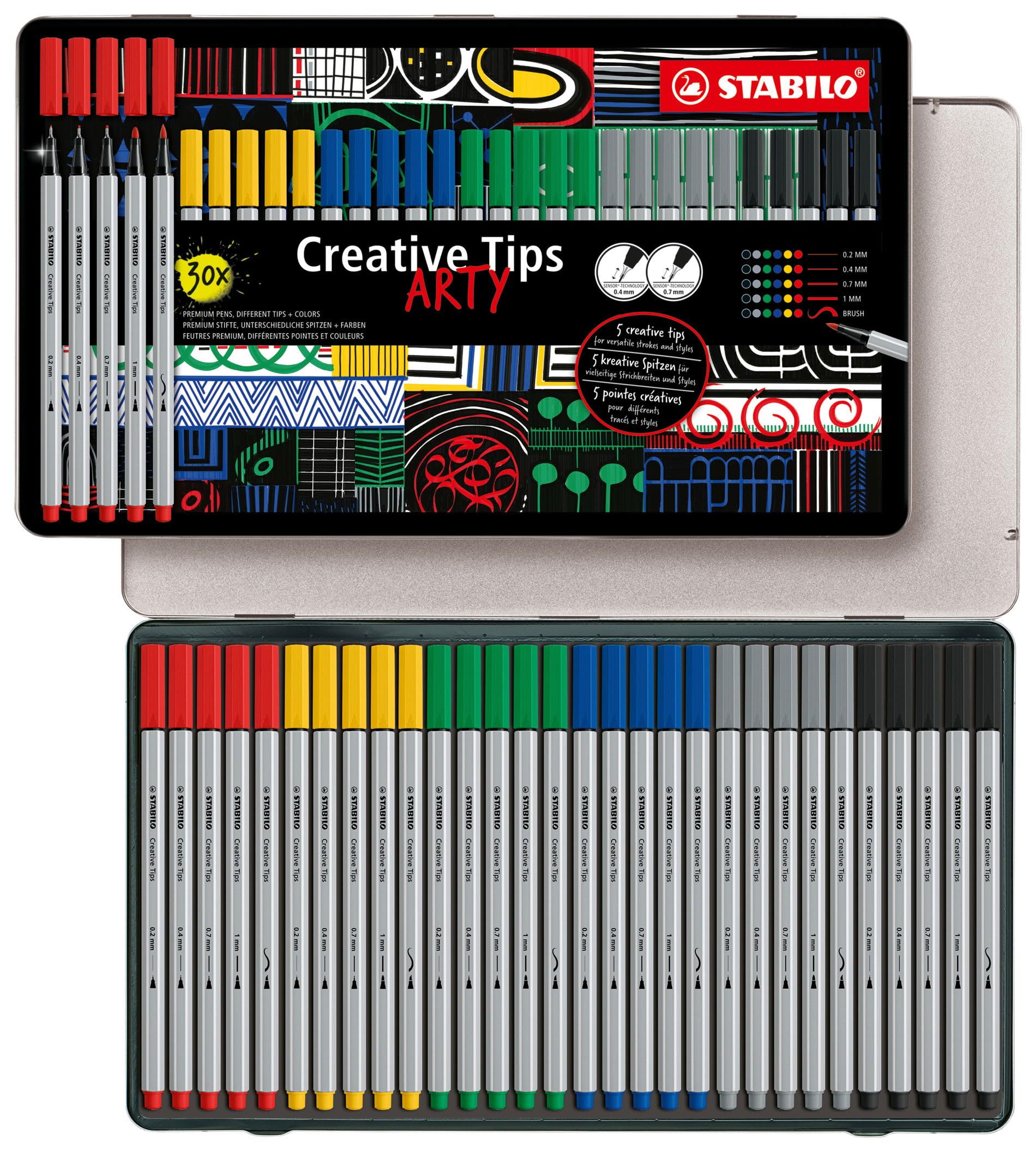 Multi-Tip Pen Set - STABILO Creative Tips - ARTY - Tin of 30 - CLASSIC - Assorted Colours