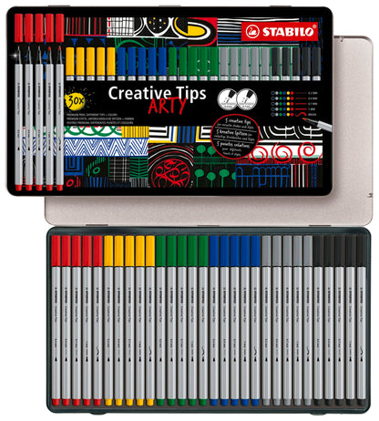Multi-Tip Pen Set - STABILO Creative Tips - ARTY - Tin of 30 - CLASSIC - Assorted Colours