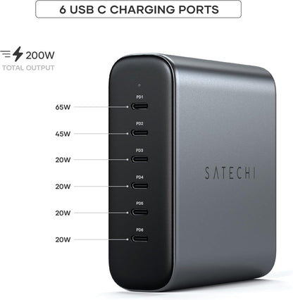 Satechi GaN 200W USB C Charger with 6 Ports - 2X USB-C PD 3.1 (140W) and 4X USB-C PD 3.0, Fast Charging Travel Station Compatible with Apple and Most Thunderbolt USB-C Devices