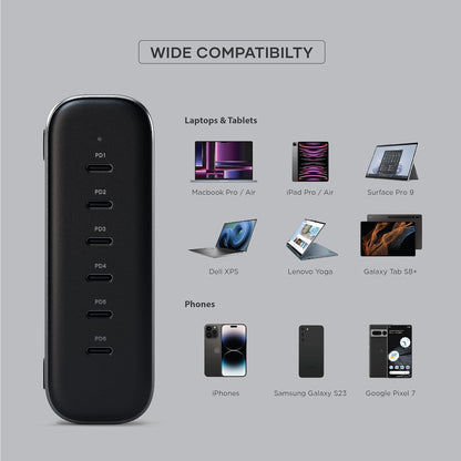 Satechi GaN 200W USB C Charger with 6 Ports - 2X USB-C PD 3.1 (140W) and 4X USB-C PD 3.0, Fast Charging Travel Station Compatible with Apple and Most Thunderbolt USB-C Devices
