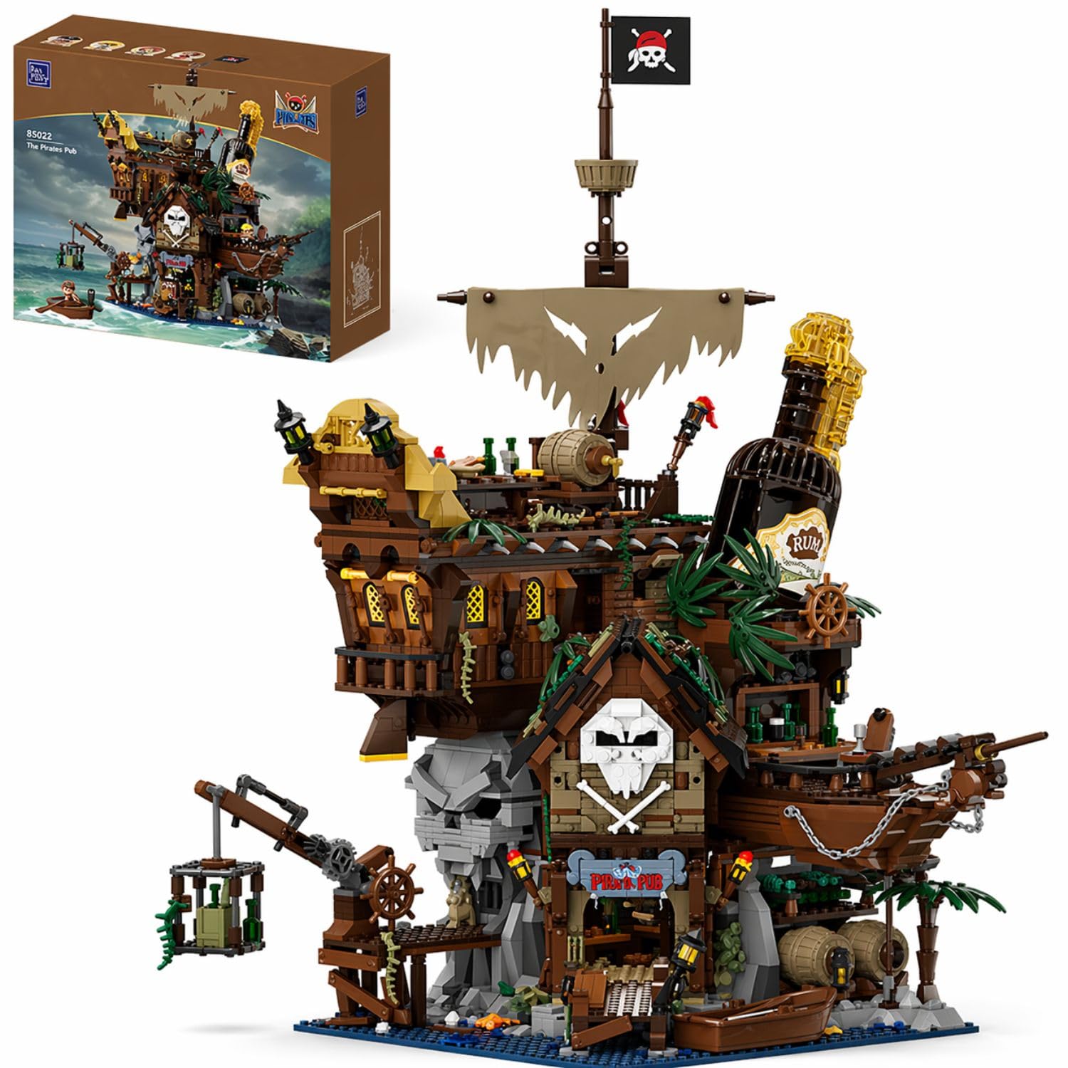 PAN TASY Set da Costruzione Taverna dei Pirati, Architettura Modulare di Relitto, con Bar Terrazza, Bottiglia Gigante di Rum – Kit di Mattoncini Nautici per Adulti