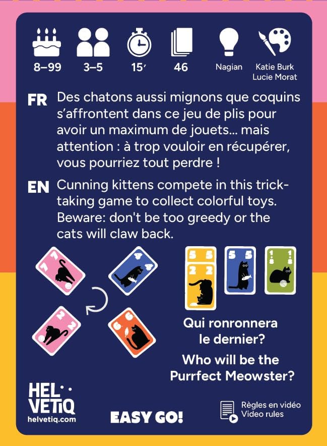 Helvetiq - Cat Trick - Collectible Card Game - Easy Go Range - Ultra Compact Travel Size - Cats and Toys - Family and Friends - 3 to 5 Players - Ages 8 and Above