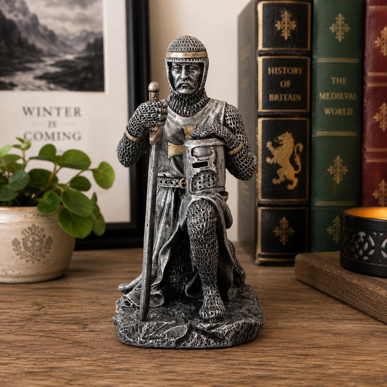 The Pledge Medieval Knight Figurine – Kneeling Crusader Statue with Sword