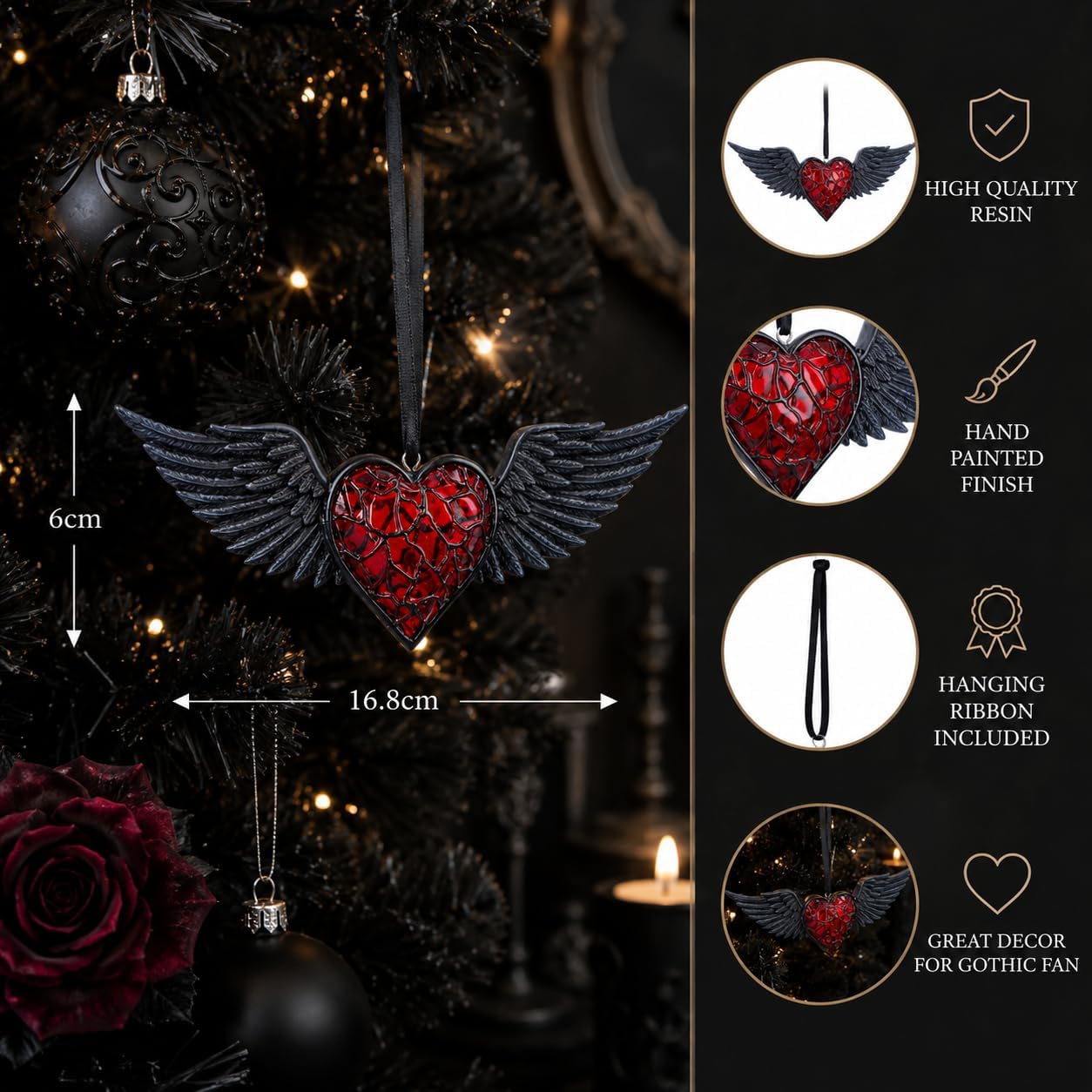 House of Obscura Gothic Hanging Ornament – Resin Dark Fantasy Decoration Collection (Black Winged Heart