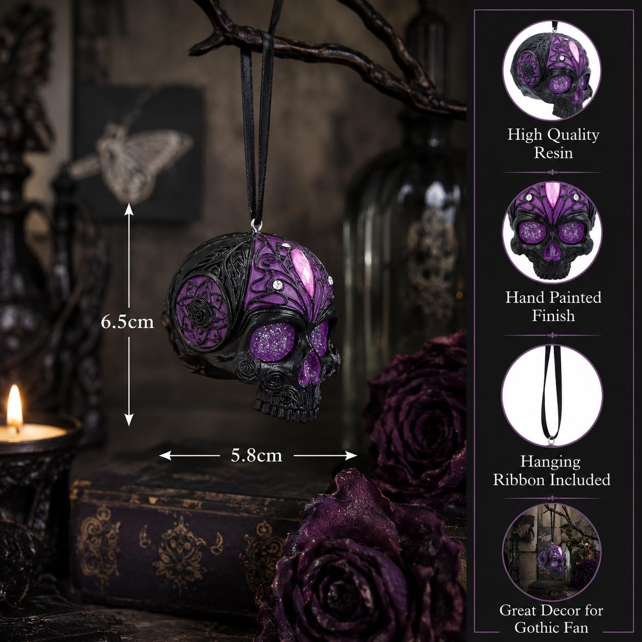 House of Obscura Gothic Hanging Ornament – Resin Dark Fantasy Decoration Collection (Jewelled Fate Skull