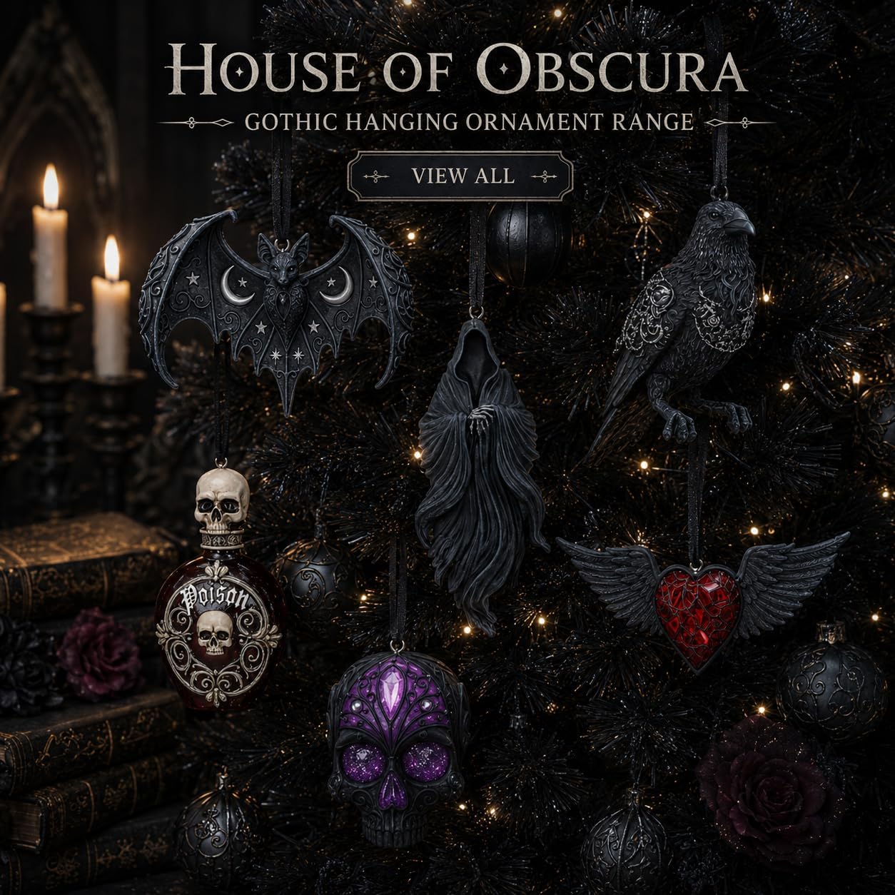 House of Obscura Gothic Hanging Ornament – Resin Dark Fantasy Decoration Collection (Jewelled Fate Skull