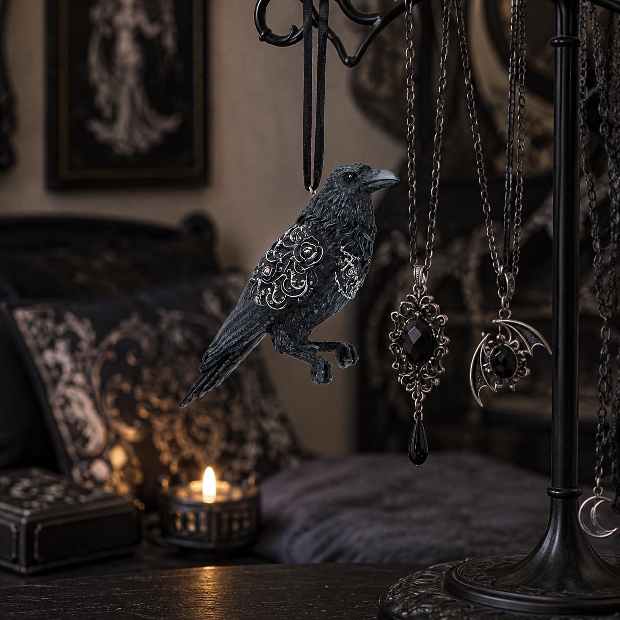 House of Obscura Gothic Hanging Ornament – Resin Dark Fantasy Decoration Collection (Last Omen Raven