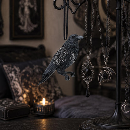 House of Obscura Gothic Hanging Ornament – Resin Dark Fantasy Decoration Collection (Last Omen Raven