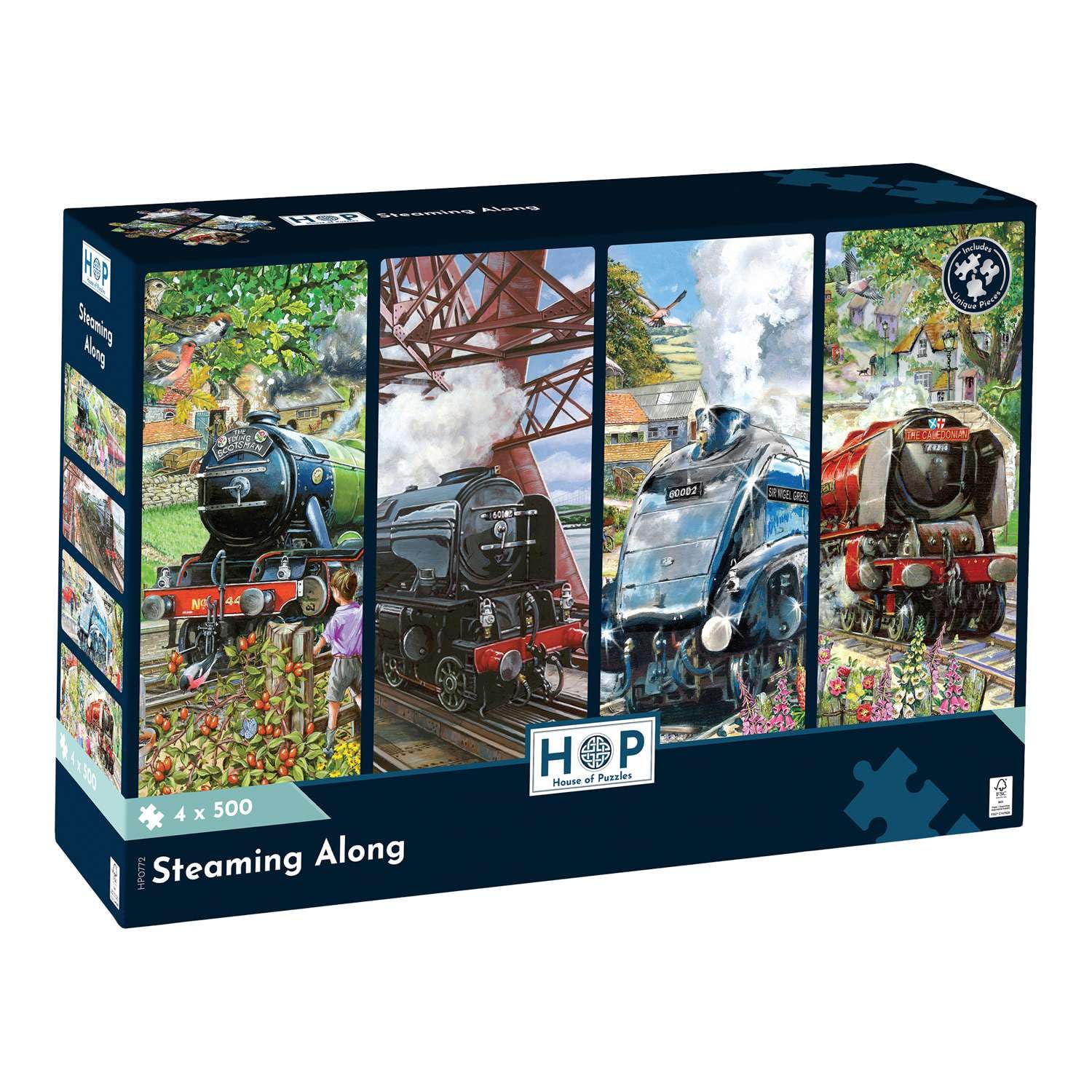 The House of Puzzles Steaming Along Jigsaw Set - 4 x 500 Piece Jigsaws For Adults, Multi Puzzle Pack, Artist Illustrated, Deluxe Puzzle Gifts, Sustainably Made
