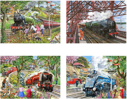 The House of Puzzles Steaming Along Jigsaw Set - 4 x 500 Piece Jigsaws For Adults, Multi Puzzle Pack, Artist Illustrated, Deluxe Puzzle Gifts, Sustainably Made