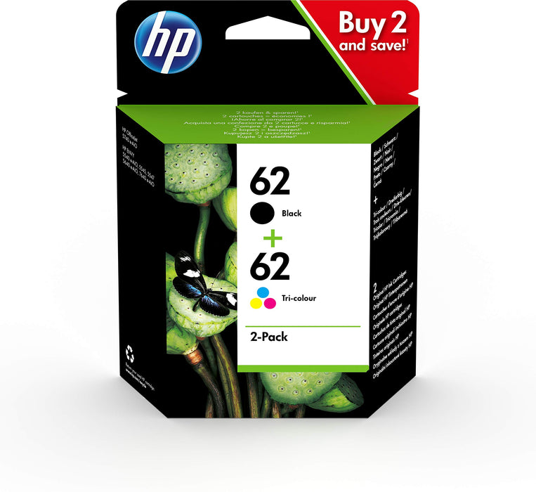 HP N9J71AE 62 Original Ink Cartridges, Black and Tri-color, Multipack, 2 Count (Pack of 1