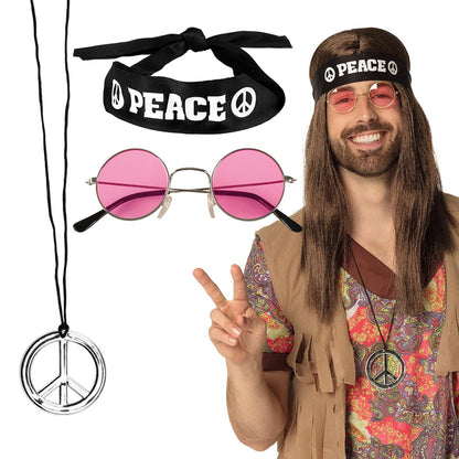 Boland 44518 – Hippie-Set für Erwachsene, Accessoire-Set mit Peace-Stirnband, Rundbrille und Halskette für Karneval und Mottoparty