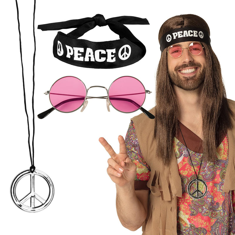 Boland 44518 - Hippie-set voor volwassenen, accessoire-set met peace-hoofdband, ronde bril en ketting voor carnaval en themafeesten