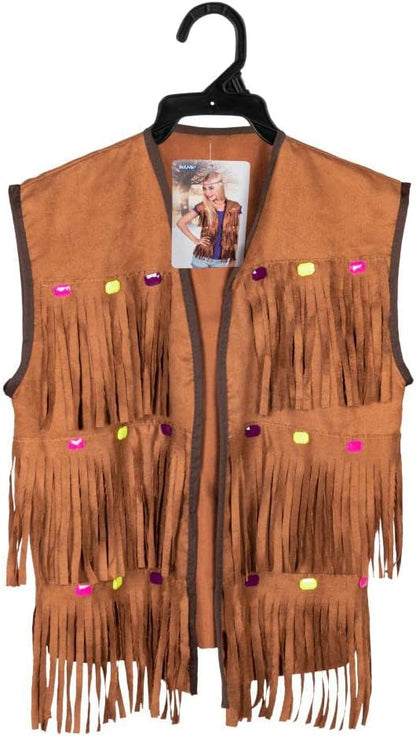 Boland 44521 - Hippie-Weste für Erwachsene, Größe M/L, Braun mit bunten Details und Fransen, Flower Power, Karneval, Mottoparty