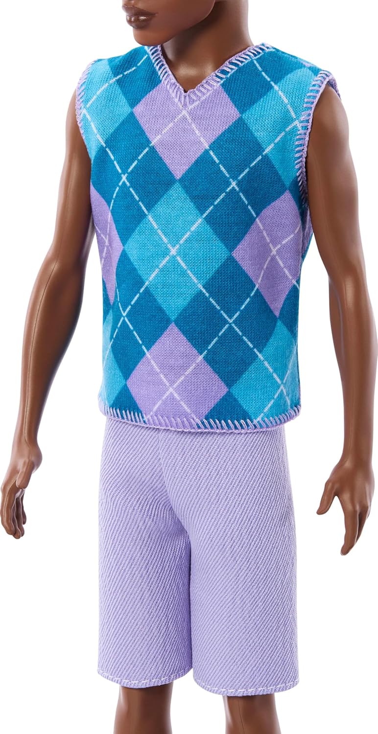 Barbie Fashionistas Style Ken Doll #253 with Brown Hair, Wearing Lavendar Shorts with Turquoise and Lavender Argyle Shirt, White Shoes, JJN67
