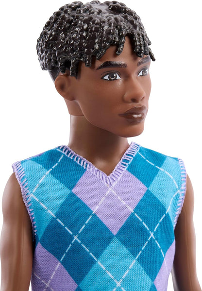 Barbie Fashionistas Style Ken Doll #253 with Brown Hair, Wearing Lavendar Shorts with Turquoise and Lavender Argyle Shirt, White Shoes, JJN67