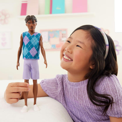 Barbie Fashionistas Style Ken Doll #253 with Brown Hair, Wearing Lavendar Shorts with Turquoise and Lavender Argyle Shirt, White Shoes, JJN67