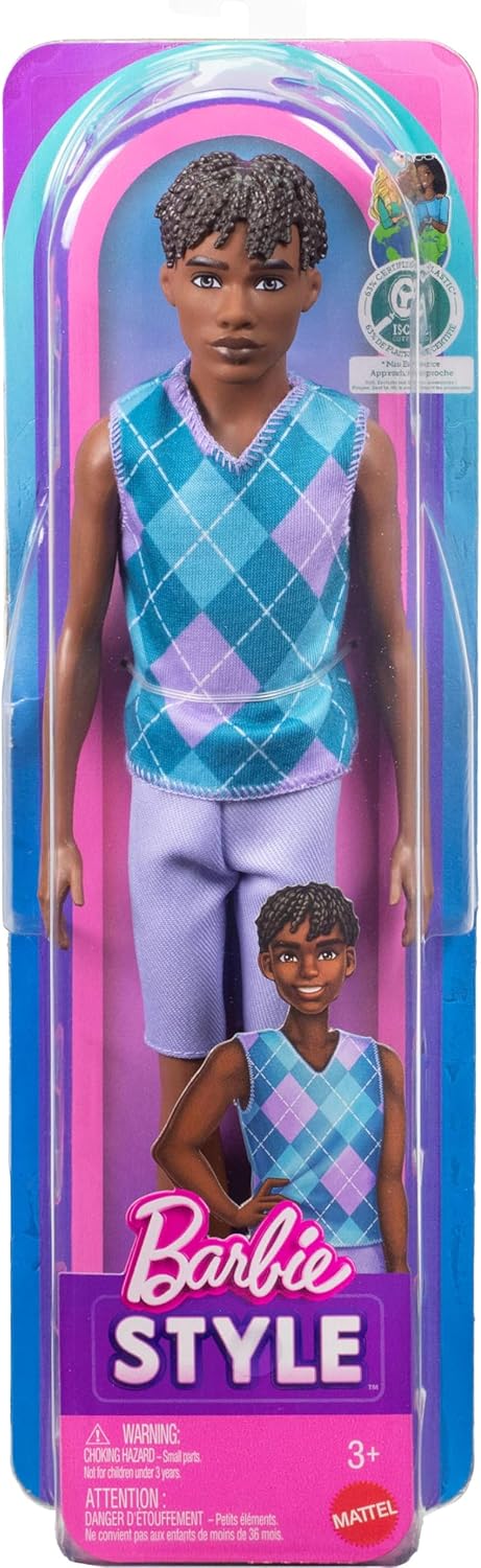 Barbie Fashionistas Style Ken Doll #253 with Brown Hair, Wearing Lavendar Shorts with Turquoise and Lavender Argyle Shirt, White Shoes, JJN67