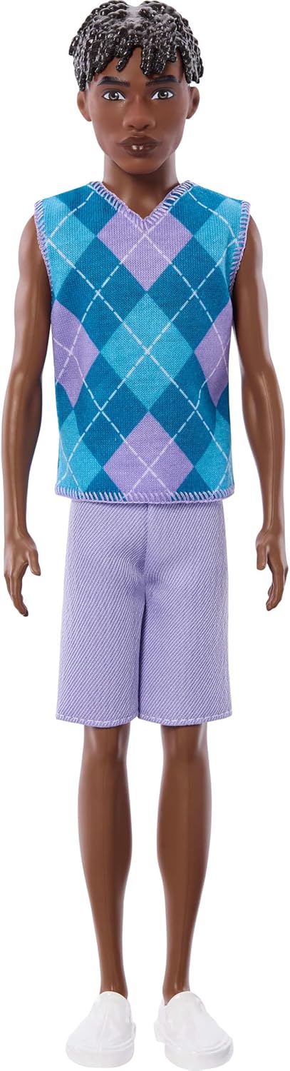 Barbie Fashionistas Style Ken Doll #253 with Brown Hair, Wearing Lavendar Shorts with Turquoise and Lavender Argyle Shirt, White Shoes, JJN67