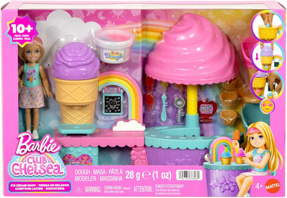 Barbie Club Chelsea Ice Cream Shop Playset with Chelsea Doll, 2 Dough Colors, and Accessories, JMJ42