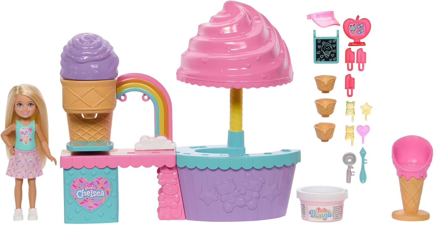 Barbie Club Chelsea Ice Cream Shop Playset with Chelsea Doll, 2 Dough Colors, and Accessories, JMJ42