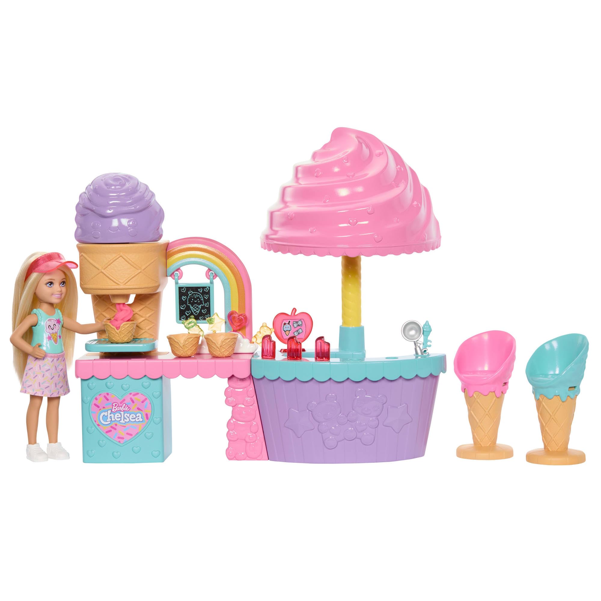 Barbie Club Chelsea Ice Cream Shop Playset with Chelsea Doll, 2 Dough Colors, and Accessories, JMJ42