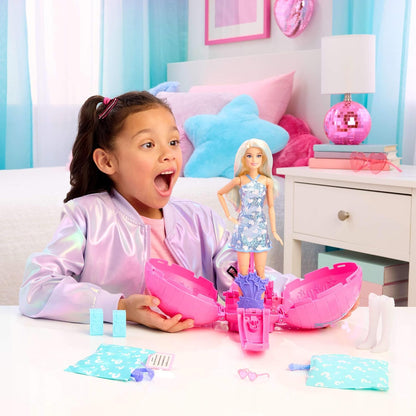 Barbie Team Barbie Roll and Reveal Pop Star Doll and Accessories | Blonde Fashion Doll & 8 Surprises and a Disco Ball Encasement, JMK19