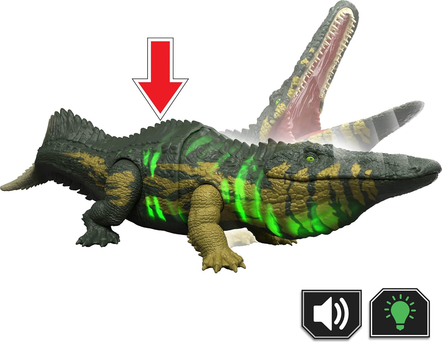 Mattel Jurassic World Wild Roar Stomatosuchus Dinosaur Action Figure Toy, Sounds & Attack & Lights, Scan Code for Digital Play, JKL82