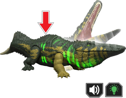 Mattel Jurassic World Wild Roar Stomatosuchus Dinosaur Action Figure Toy, Sounds & Attack & Lights, Scan Code for Digital Play, JKL82